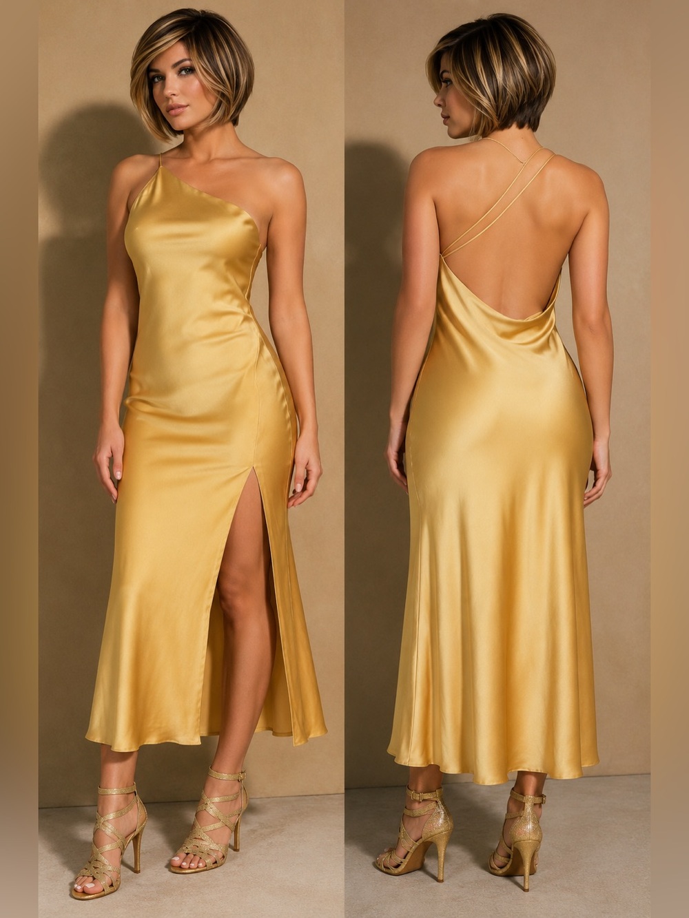 Gold Asymmetrical Satin Slip Dress with Low Draped Back